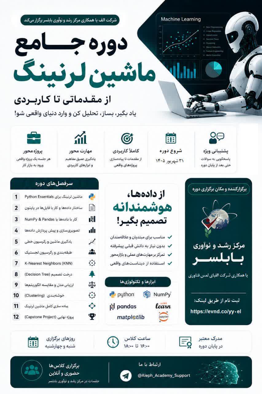 🔰 برگزاری دوره "جامع ماشین لرنینگ"در مرکز رشد و نوآوری بابلسر